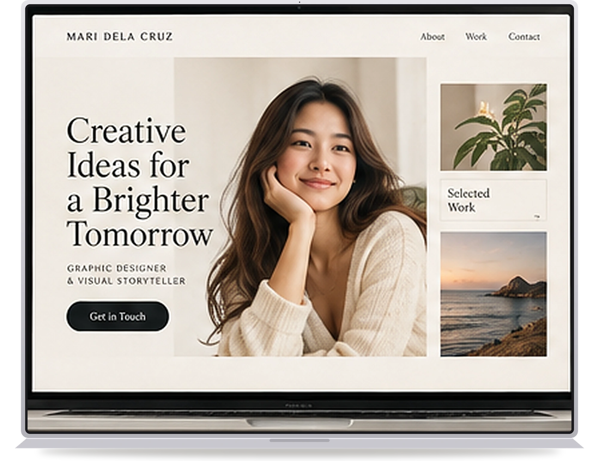 A laptop showing a personal portfolio website: a name in the header, a large serif headline beside a portrait photograph, a Get in Touch button, and a Selected Work column.
